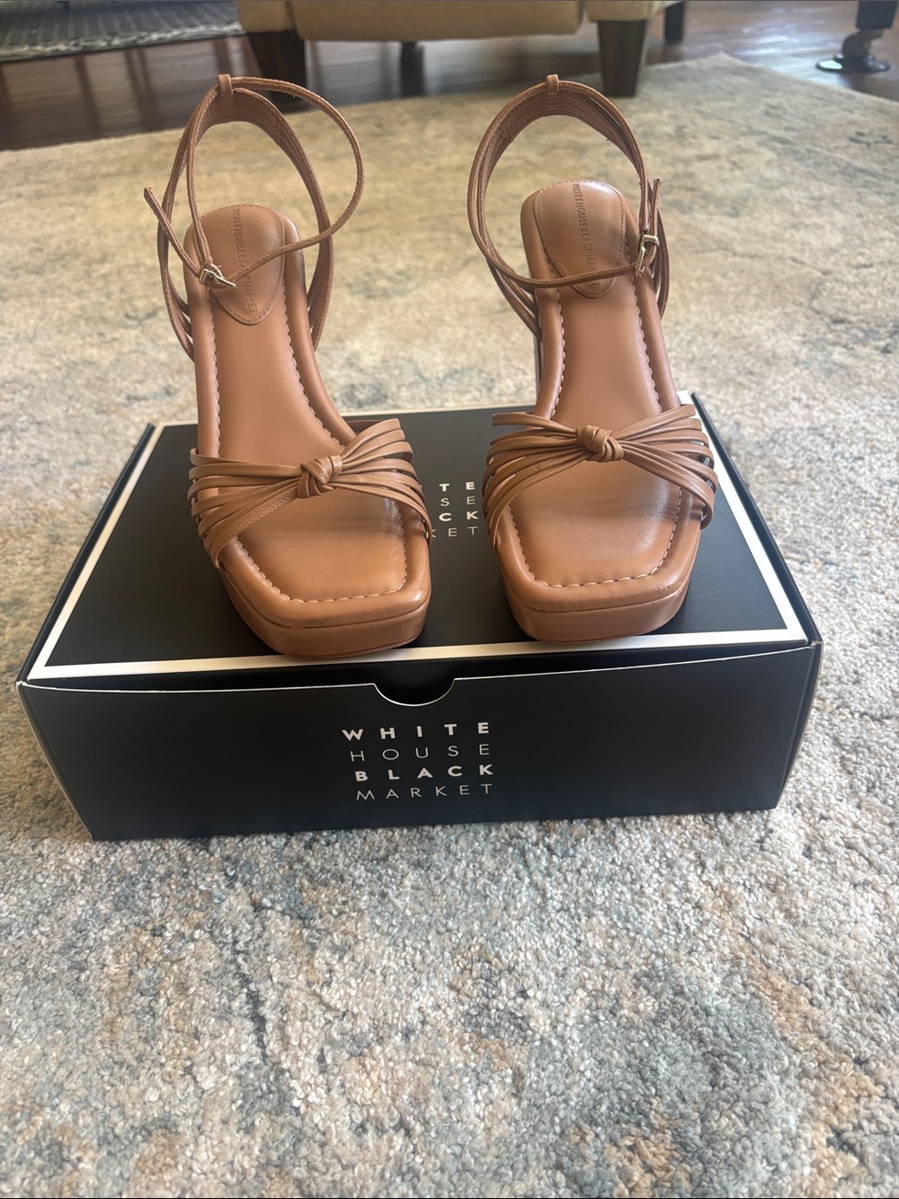 White House Black Market Tan Knotted Strappy Block Heel Sandals